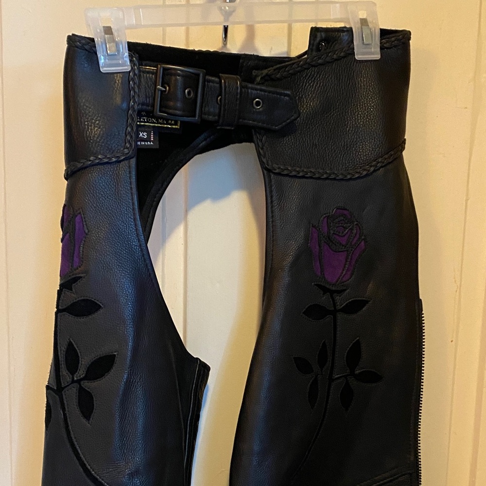 Women's Black Leather Chaps with Purple Rose Embroidery